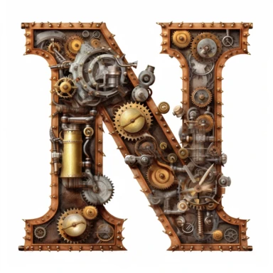 Steam punk style, Letter N, clipart, white background