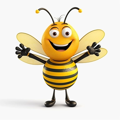 1960s style, pixar style, cartoon bug, happy, big smile, yellow face, bee body, yellow and black stripes, arms outstretched, four fingers on each hand, wanting to give a hug, colorful, smiling, clip art, white background, 5 year old bug, thick lines, low detail--s250
