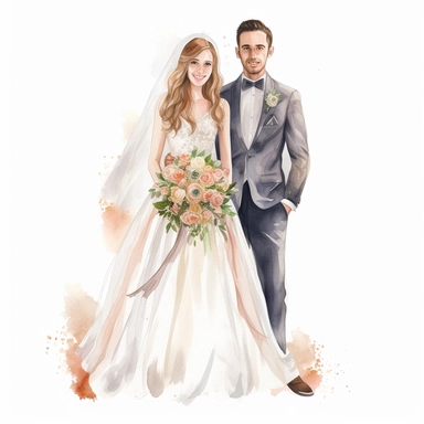 Watercolour of a bride and groom , Clipart,Cartoon,hyper realistic, intricate detail, illustration style,high resolution, isolated on a white background
