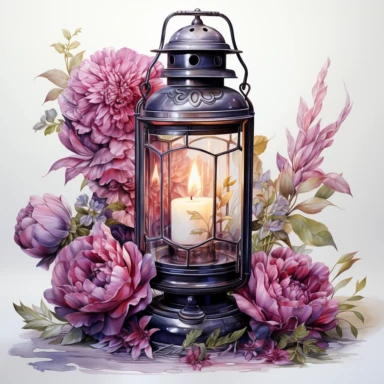 hyperrealistic ultra detailed watercolor clipart, floral fantasy lantern with a candle lit, white background, in the style of digital print, clipart, illustration, sticker, ultra high definition, rich details, 32K, HD