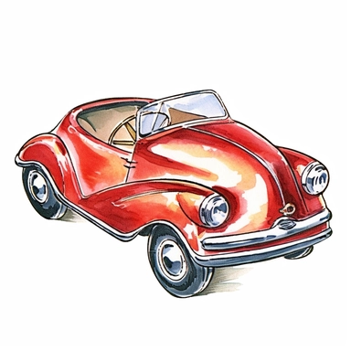 v Vintage Hand painted clipart of a Metal toy car in the style of vintage nursery kitsch Lefton, retro midcentury 1950’s, white background, contour