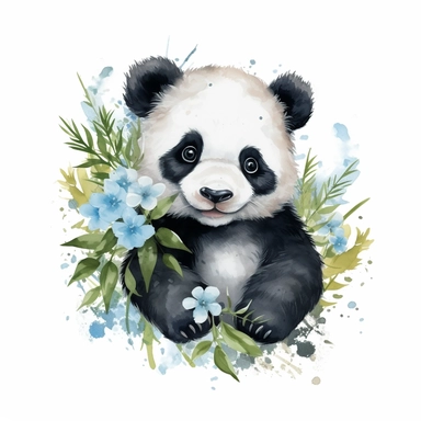 watercolor clipart image of a happy looking baby panda with minimalist jungle flowers, disney style, white background, no shading