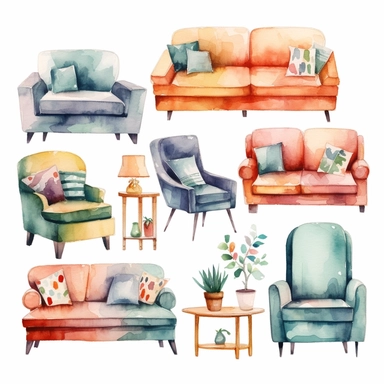 clipart furniture watercolor flat color simple lines cute cartoon white background , 8k,---q 3