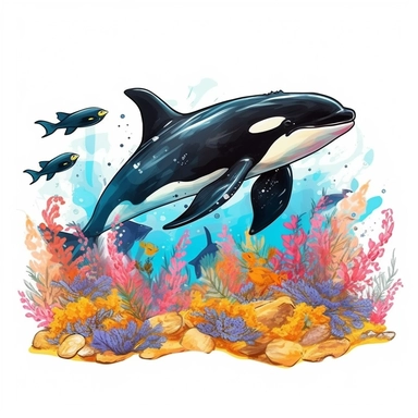 orca whale playing with fishes seabed, flowers real clipart on white background