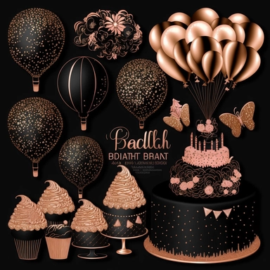Party Clipart, Birthday Elements, Rose Gold Birthday Clipart , glitter, Birthday Cake PNG, Wedding Clipart, Balloon Clipart Set, Baby Shower black background