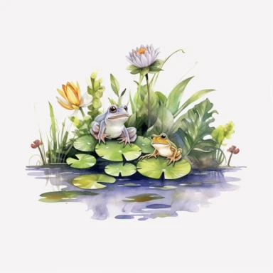 Watercolor Lily Pond Clipart - springtime cute lily pad and frog pond, clipart, white background