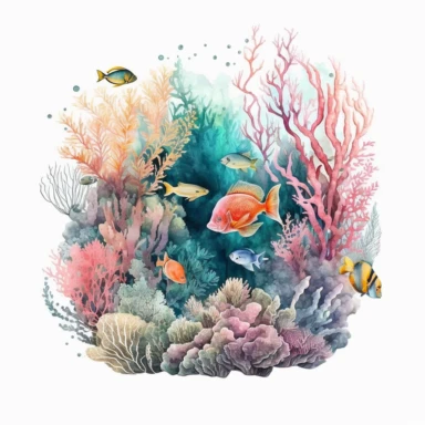 watercolor ocean coral reef with pastel coral and colorful sea life and tropical fish clipart white backround