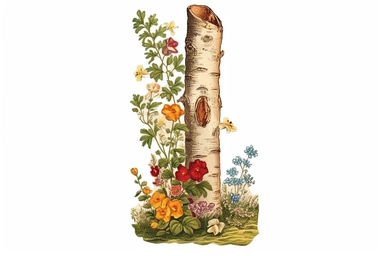 Vintage 1920 detailed Birch Tree Trunk With Flowers Illustration, Chromolithograph, Die Cut, 1920s Illustration, Vintage, Chromolithograph, Colorful, Antique, Ephemera, Clipart, 8k, Isolated on white