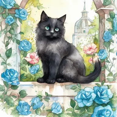 make a clipart of watercolor fairytale black fluffy princess cat with a blue eyes, in front of a garden wall with bright blue roses