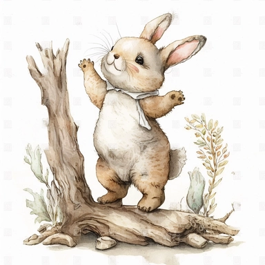 a cute happy baby standing bunny playing with wooden clipart in watercolor sketch, woodland animal, white backround,