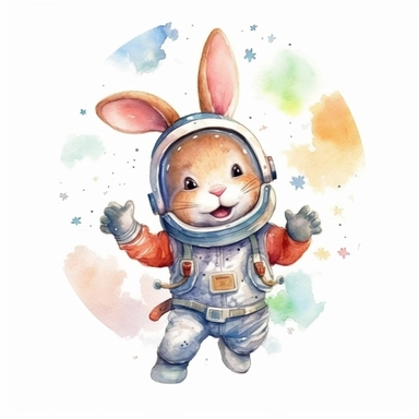 a delightful watercolor clipart image with a white background, featuring a curious bunny astronaut floating weightlessly in space, holding onto a star and gazing at the vast universe with wide-eyed amazement.