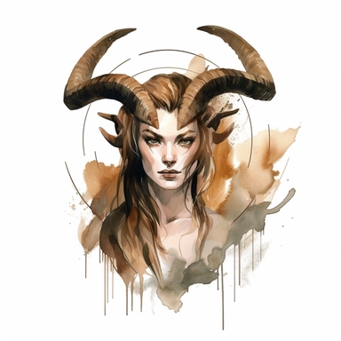 capricorn zodiac sign, straight horns, earth colors, goddess women, realistic watercolor style art, clipart, zodiac sign, epic, mystic, white background, detailed, 8k