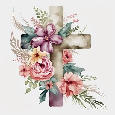 christian cross flowers ribbon water color clip art