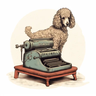 simple clipart of poodle typing on an old typewriter, make the image so it is oval, like an icon type image, with the words nearby snipoodle in big letters