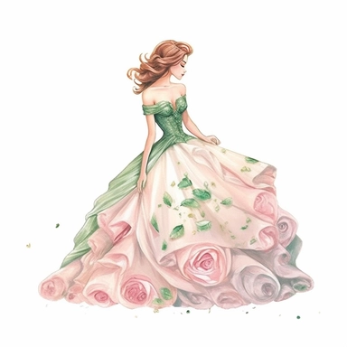watercolor, hyper realistic, white background, white margins, 16k, ultra detailed clipart, cut out image, hand-drawn, whimsical , ultra HD, sharp and clean art a pretty, graceful and elegant lady, beautiful gown, upper body only, pixar style, beauty and the beast movie inspired. Soft Pink and Emerald Green - Create a romantic and enchanting atmosphere with a color scheme consisting of soft pink shades for the roses and lush emerald green for the foliage