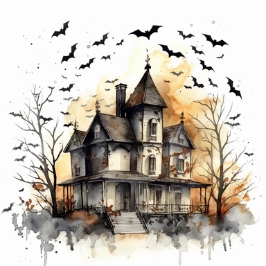 haunted house, full moon, bats flying in sky, halloween style, clipart, watercolor, vintage--q2--v5.1--s1000