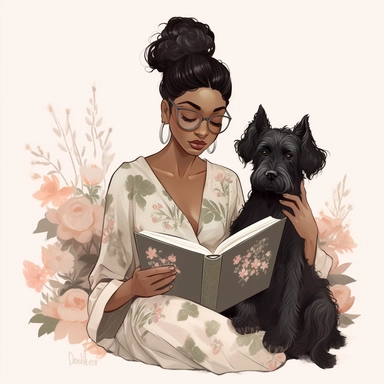 llustration of black woman, with tattoos, with her miniature schnauzer dog, reading a book, boho modern aesthetic, cottagecore, avacadopunk, florals, pastel and gold tones, flawless line work, low detail, clipart, white background