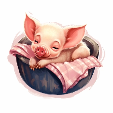 cute baby pig sleeping in a cozy bed clipart, detail, illustration style, high solution, on the white background