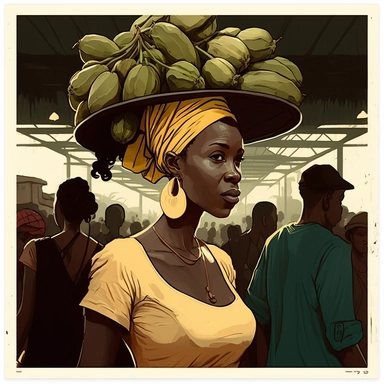 african woman walking around with a tray of bananas on her head for sale in a busy douala market clipart