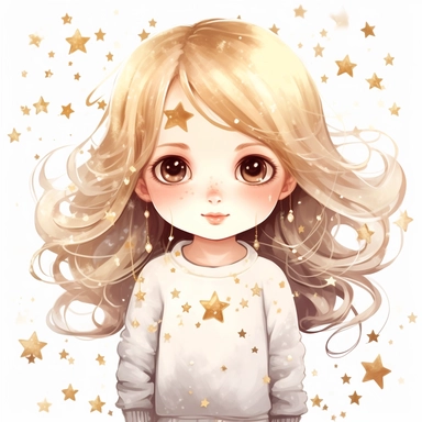 clipart of cute little girl shining, glitter, diamonds , stars, kawaii white background