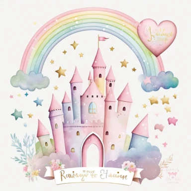 rainbow pastel princess castle, large rainbow, gold star, pink star, hearts, flowers, roses, plastercine, soft watercolour light, clipart svg white background