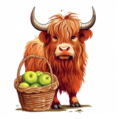Highland cow with a basket of freshly-picked apples, full body, clip art, detailed, cute, bold, bright, colorful, vector art, clean, neat, white background