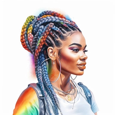 black African American woman with rainbow braids portrait clipart, watercolor style, hyper realistic, detailed, white background