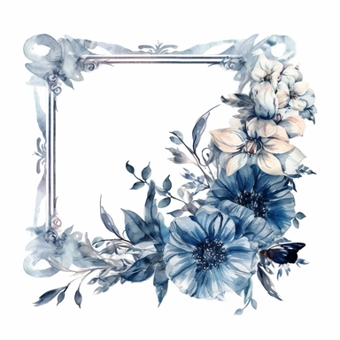 Watercolour clipart of a flower rectangle frame, for wedding invitation, white and blue victorian theme , wedding theme, high quality of details, white background