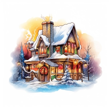 Christmas eve, style by Lucy Fleming, watercolor, smooth gradients, black contour outline, ultra detailed, clipart elements, vibrant colors, solid white background, super clear, high quality