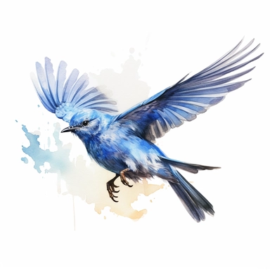 Mountain Bluebird in flight. use a combination of vibrant colors and subtle variations in color to capture the freshness and vitality of the scene. Let the transparent and flowing nature of watercolors add a sense of lightness and movement to the painting, clipart, plain isolated white background, 8k ultra detail high sharpness