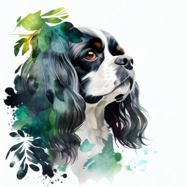 beautiful, black and white Cavalier King Charles Spaniel head looking up, among leaves like in the jungle, watercolor by Liu Yi, intense colors, clipart, high quality, on white background,