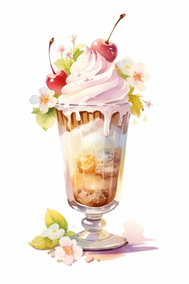 picturesque, a bright almond sundae, clipart on white background, watercolor style, spring vibes, detailing in pastel colors, high quality, painted by Beatrix Potter, 8k