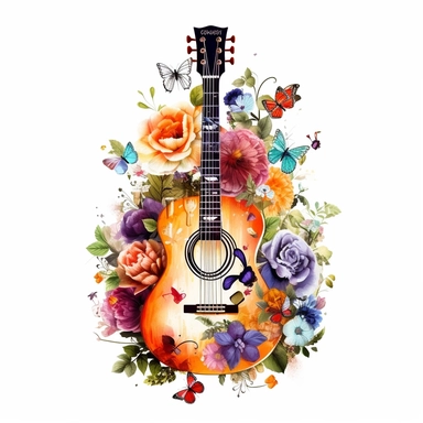 clipart de guitarra española con mariposas y flores, acuarela, 16k, hiper minimalista, megapixel, full color, super detailed,insanely detailed and intricate, ultra detallado