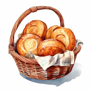watercolor ultra realistic and hyper detailed illustration of bread buns in a basket, clipart, white background