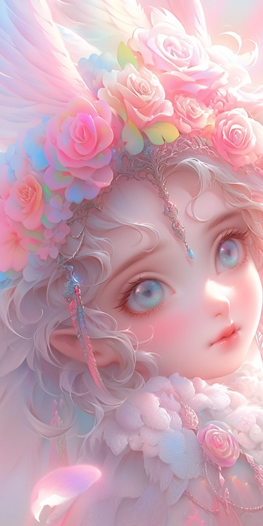 pastelcolor beautiful wild roses fantasy, Angel girl with beautiful face and big eyes with rainbow feathers, angel wing, chibi kawaii animated style, vivid vibrant colors, intricate detail, hyper detailed, hyper quality, 32K, unreal engine, isolated on white background, kawaii, clipart