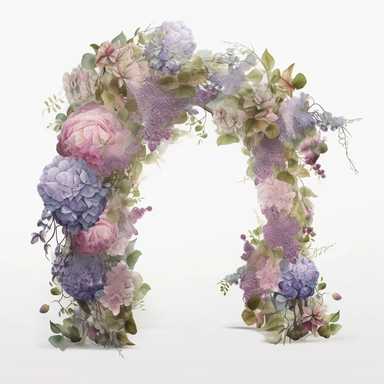 Panoramic view, full view, floral arch swag of small roses, small purple hydrangea, small peony and baby's breath, greenery, photo realistic, high detail, sharp focus, 8k, fantasy, romantic, ethereal, illustration clipart style, transparent background, (--iw 5)