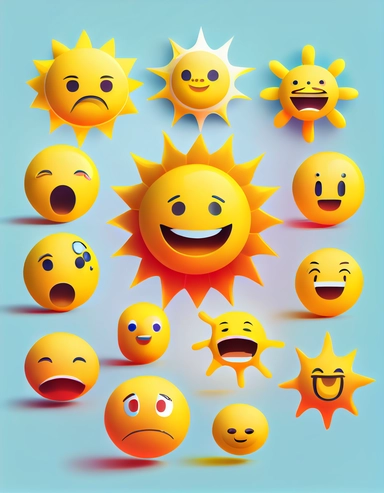 Vector sun emotion cartoon character set faces yellow suns solar funny childish abstract vector clipart-3d clean background vetor pastel color holographic