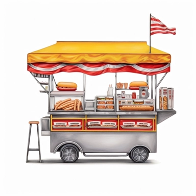 hyper-realistic high-detailed watercolor clipart of a mobile hot dog stand on a white background. The stand should have a sleek and compact design, reminiscent of the iconic New York street style. Depict a streamlined cart with a simple color palette, such as silver or gray, with pops of red and yellow accents. Ensure the clipart includes essential elements such as the serving window, grill, condiment area, and a small seating counter if desired. Emphasize the presence of the grill, showing it a