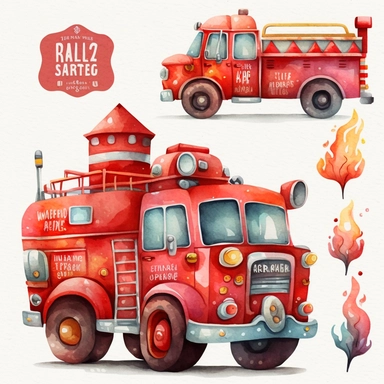 watercolor clipart of a cute red fire station for fireman , different lateral standing poses, cute cartoon vehicle, pastel
