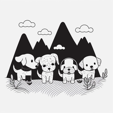 group of dogs hiking together in the mountains. cute, clipart, flat 2d vector, minimalist, black and white, kids cartoon, svg cut file, line art drawing