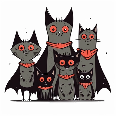 a friendly family of anthropomorphic bats, clipart in the style of Gemma Correll