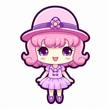 kawaii happy character in cute purple candy outfit with hat and dress, single clipart on white background, sanrio style characters, svg, eps,