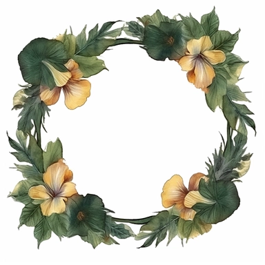 an empty frame surrounded by hibiscus flowers clipart, shades of gold and deep dark green, watercolor
