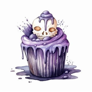 delicious halloween cupcake with grave stones , watercolour illustration clipart, extremely detailed, 4k, high quality, colour scheme black, silver and purple , isolated on white background