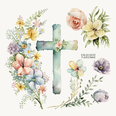 watercolor Easter Cross, flowers, Easter element clipart, on white background