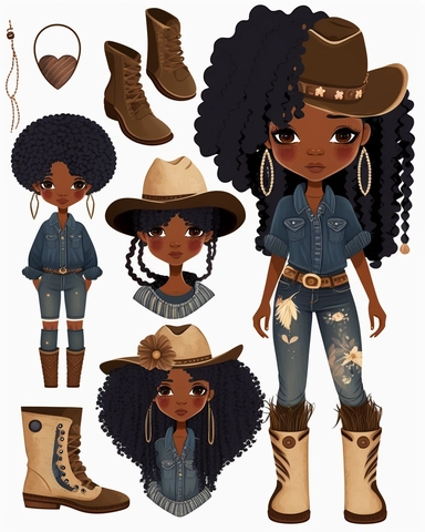 Denim girl clipart, cowboy hat, wearing black knee high boots, Denim clipart, Fashion girl clipart, Jeans Girl Clipart, African American clipart, Afro girls clipart--seed 2829693263,