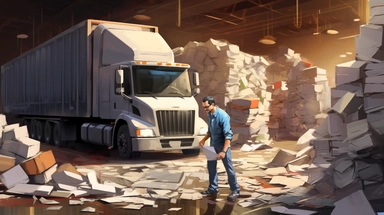 a truck driver checks into a digital tablet on a warehouse dock, dirty stacks of paper litter the floor on the wall behind him, clipart and cutout photos collage combined with vector illustrations