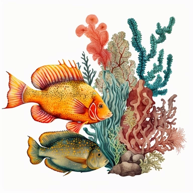 vintage colorful watercolor coral reef clipart a red lobster and a yellow flounder transparent background
