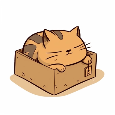 large fat sleeping cat squeezed into a small cardboard box, the cat is way too big for the little box, funny, cute, cartoon, simple, clipart