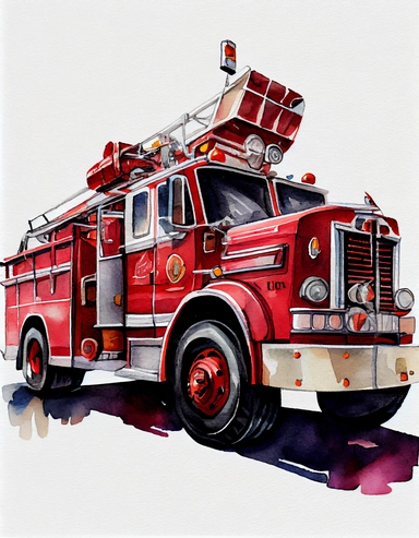 detailed watercolor clipart of a firetruck, long shot, wide angle, side view, isolated on a white background